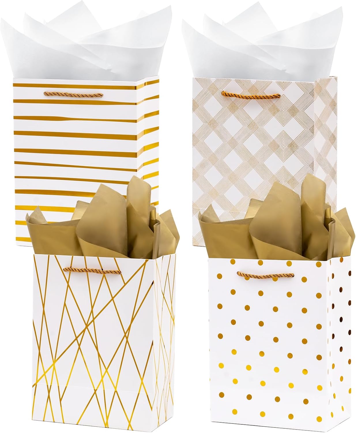Nihuecne 9" Gift Bags Medium Size with Tissue Paper, 4 Pack White Gold Wrap Paper Gift Bags with Handles for Shopping Parties Wedding Baby Shower Holiday Presents 4 Designs