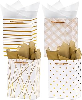 Nihuecne 9" Gift Bags Medium Size with Tissue Paper, 4 Pack White Gold Wrap Paper Gift Bags with Handles for Shopping Parties Wedding Baby Shower Holiday Presents 4 Designs