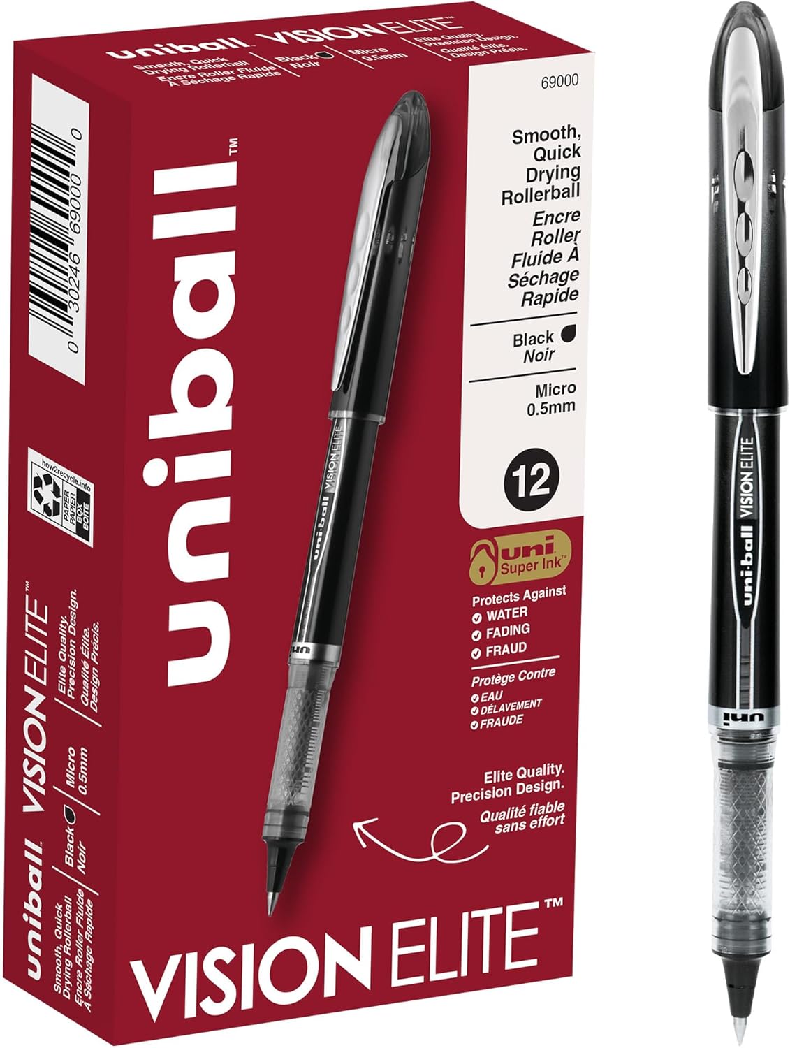 uni-ball Vision Elite Rollerball Pens Fine Point Micro Tip, 0.5mm, Black, 12 Pack