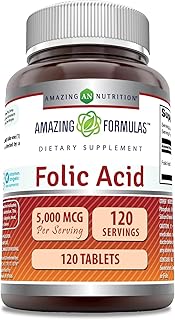 Amazing Formulas Folic Acid (Vitamin B9) Supplement | 5000 Mcg per Serving | 120 Tablets | Non-GMO | Gluten-Free | Made in USA