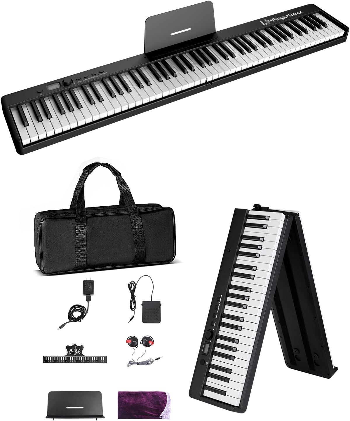 Finger Dance Folding Piano Keyboard 88 Keys, Portable Electric Keyboard with Bluetooth MIDI, Full Size Digital Piano, Wood Grain, Semi-Weighted, Touch Sensitive, with Storage Bag for Beginner