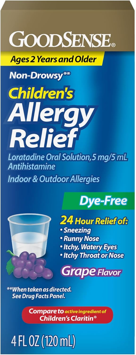 GoodSense Childrens Allergy Medicine, 24 Hour Loratadine Oral Solution 5 mg/5 mL, Dye-Free, Non-Drowsy Antihistamine, Grape Flavor, Ages 2 and Older