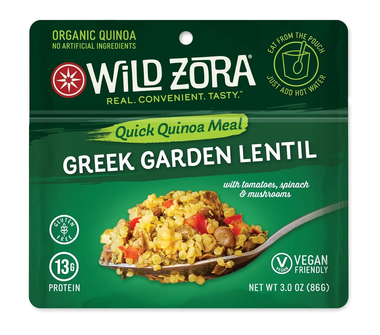 Wild Zora Instant Organic Quinoa Meals, Quick & Tasty Prepared Bowls, Pantry Staples Gluten-Free Meal with Lentils Plus 10g Olive Oil Packet, Greek Garden, Tomatoes, Spinach, Mushrooms (3-Pack)