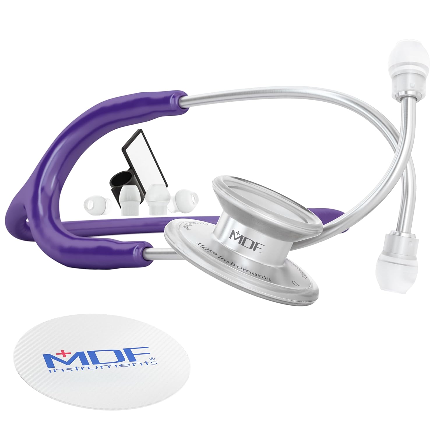 MDF Instruments, MD One Stainless Steel Premium Dual Head Stethoscope, Adult, Purple Tube, Silver Chestpieces-Headset, MDF77708