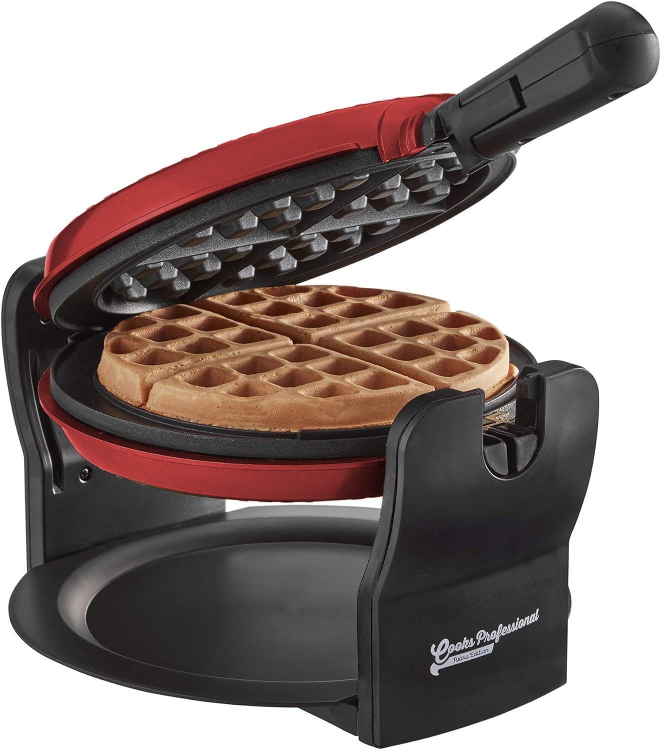 Cooks Professional Belgian Waffle Maker 920W | Powerful Electric Rotary Luxury Waffle Machine with Non-Stick Cooking Plates, Locking Mechanism, Folding Handle & Drip Tray | Easy Clean | Red