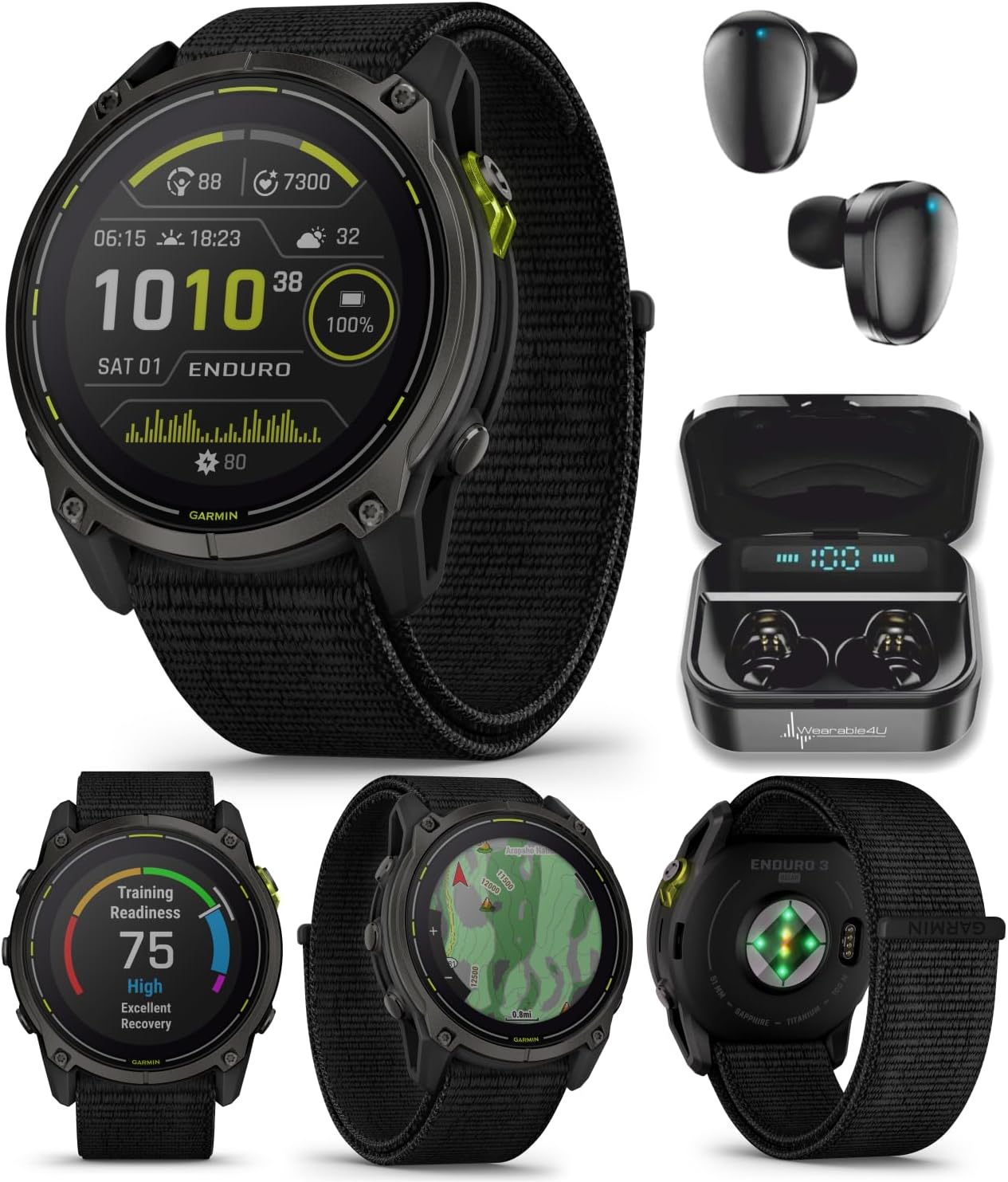 Wearable4U Garmin Enduro 3 – 51 mm, Solar, Sapphire, Ultraperformance GPS Smartwatch, Carbon Gray DLC Titanium with Black UltraFit Nylon Strap Black Earbuds Bundle