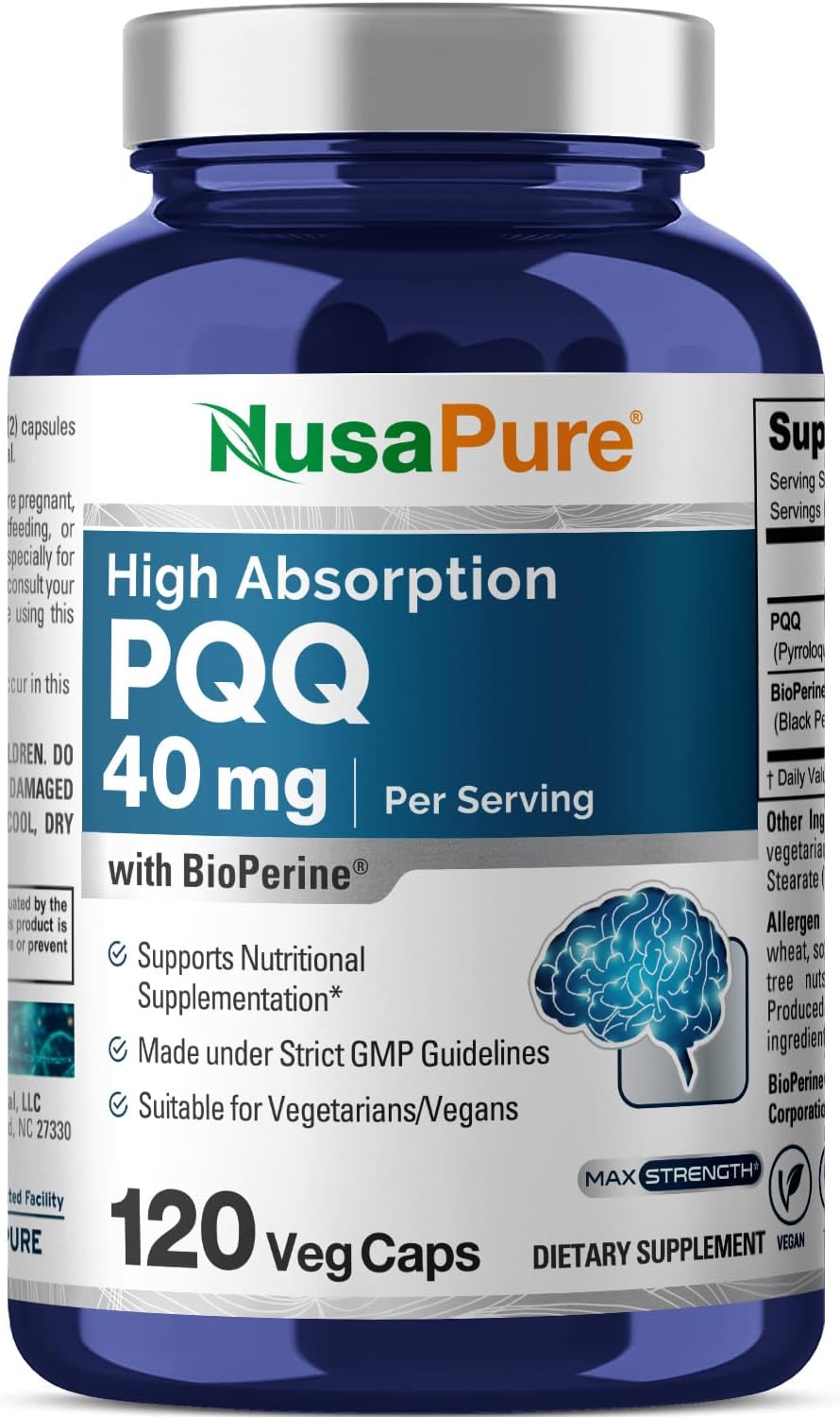 NusaPure PQQ Supplement 40 mg, 120 Veggie Capsules, Non-GMO, Pyrroloquinoline Quinone Disodium Salt, Bioperine