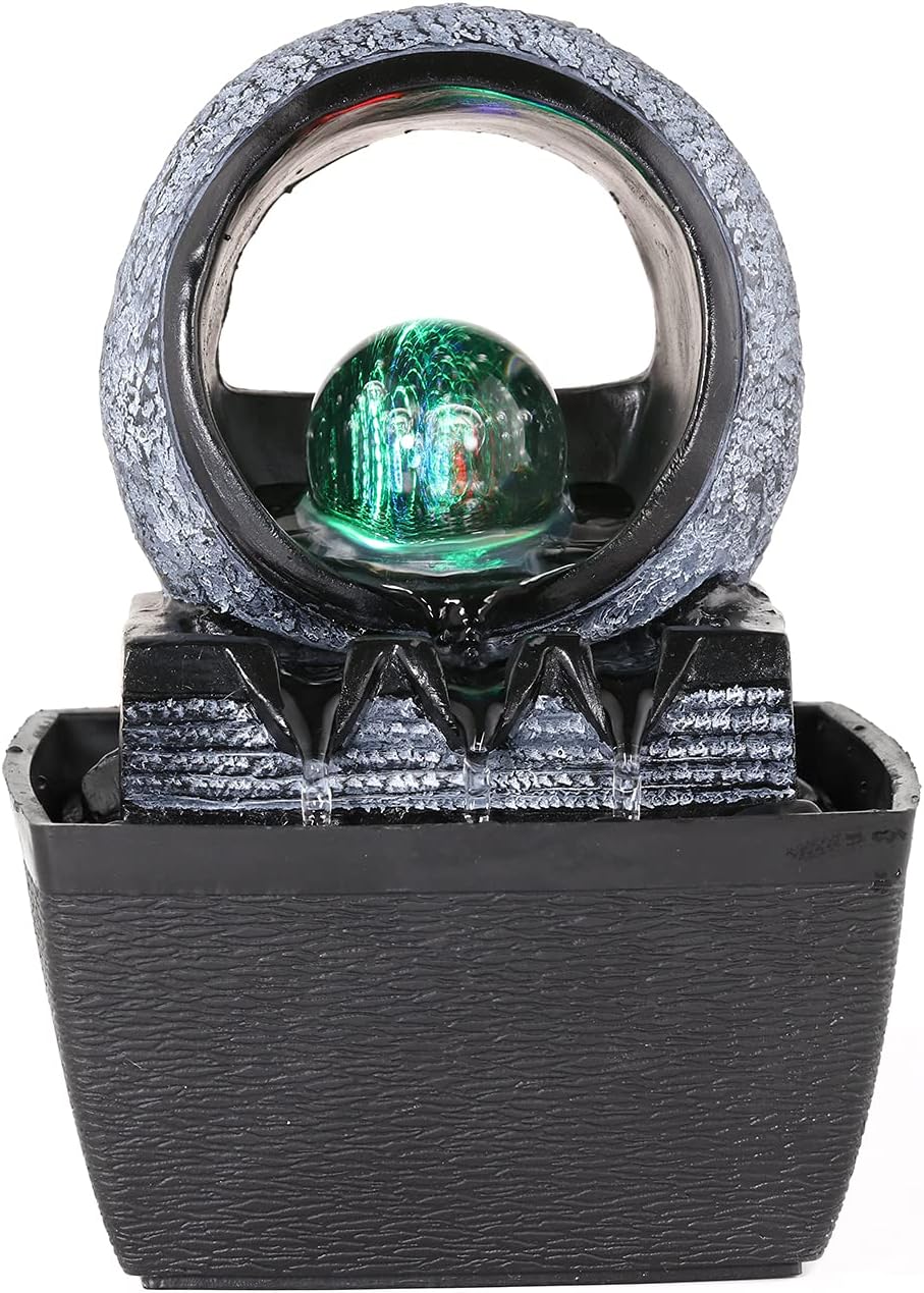 Dyna-Living Indoor Water Fountain with Rolling Ball LED Light Feng Shui Tabletop Fountain Sound Relaxation Fountain Home Office Decoration,3 Pin UK Plug Included Style 1