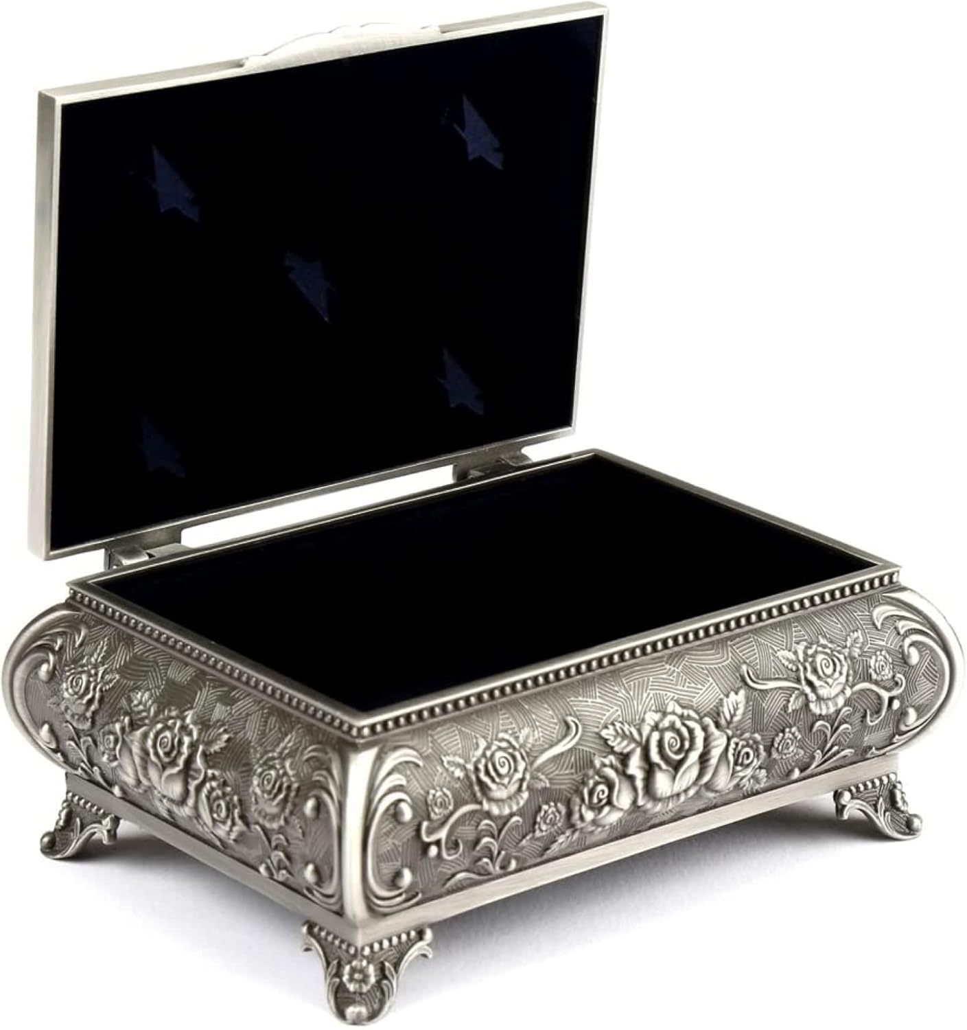 H&S Antique Metal Ring Necklace Jewellery Trinket Display Storage Vintage Box – 3 Rose Top – Metal Jewellery Box