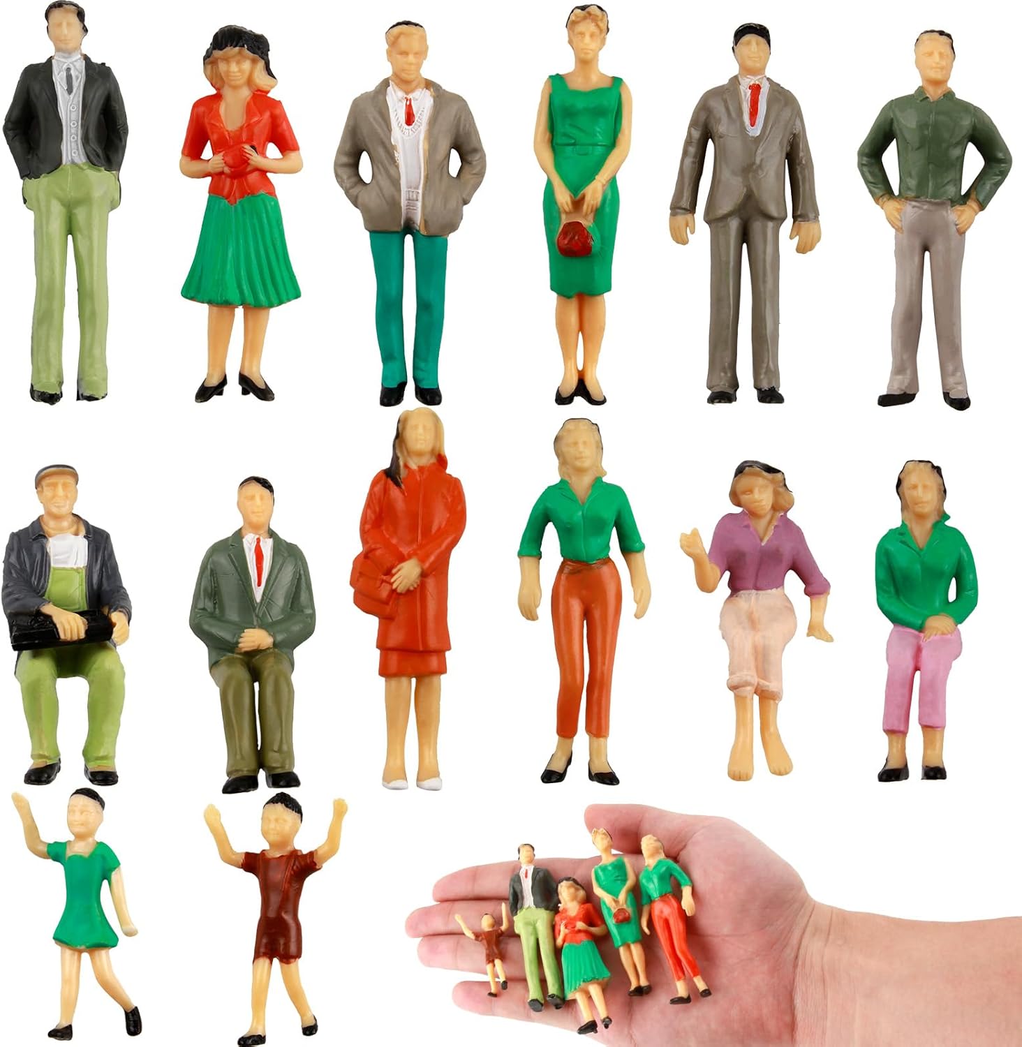 Teasteam 1:25 Scale Miniature People Figurines - 14Pcs Dollhouse People Model Trains Architectural Multicolor Figures for Miniature Scenes