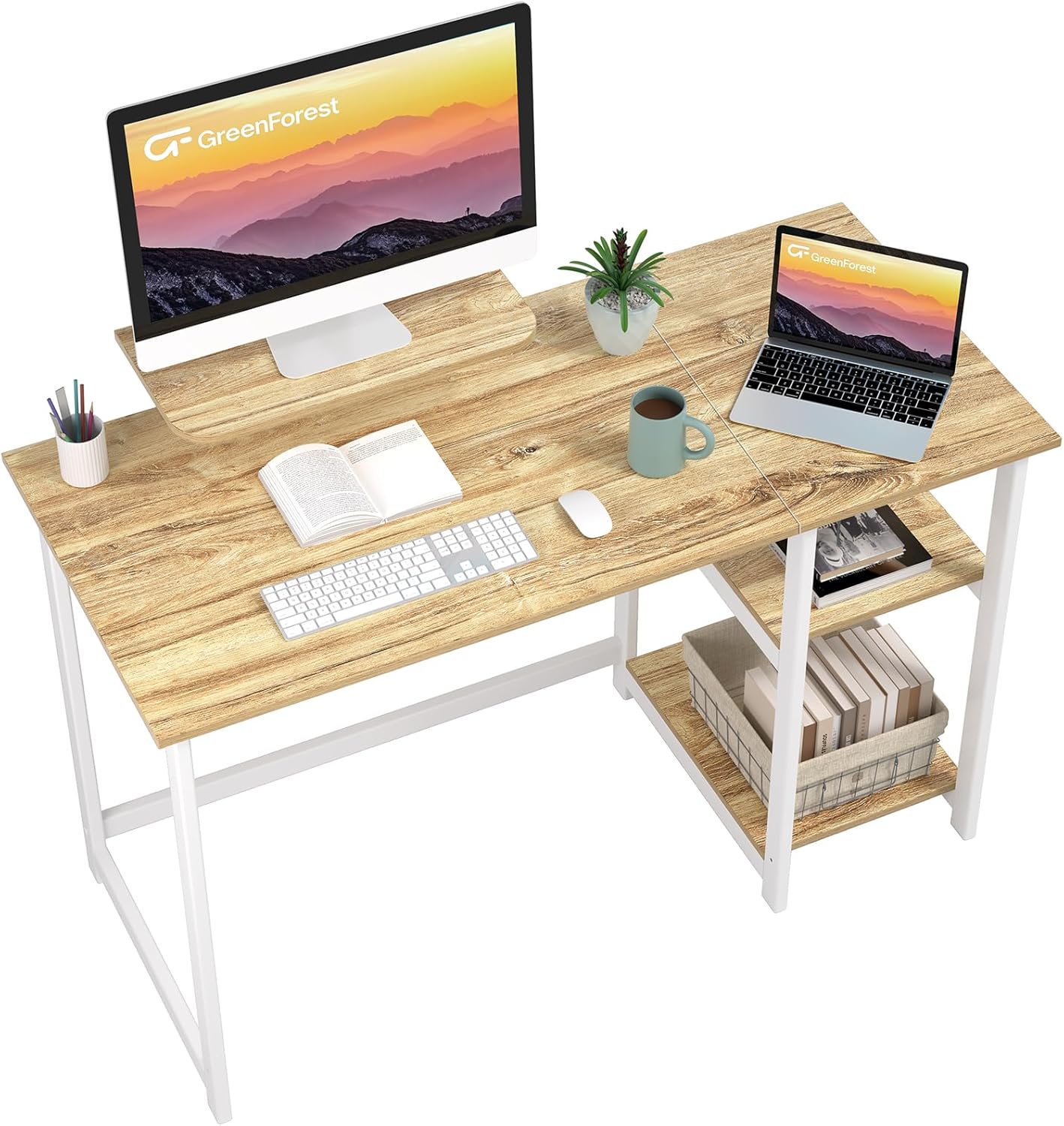 GreenForest Office Desk with Monitor Stand,100cm Home Computer Desk with Reversible Storage Shelves,Study Desk for Small Spaces,Oak