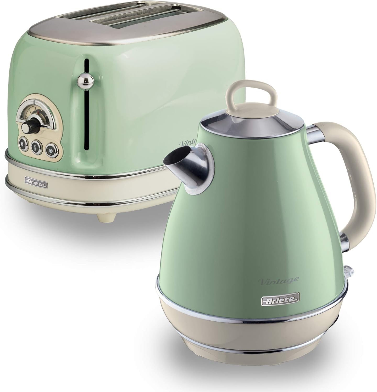 Ariete ARPK2 Retro Style Jug Kettle and 2 Slice Toaster Set, Vintage Design, Green