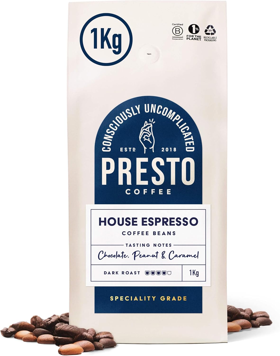 Presto Coffee | House Espresso Coffee Beans | 1kg | Dark Roast | Chocolate Almond Notes | Rainforest Alliance Certified Arabica | Fully Recyclable Packaging.