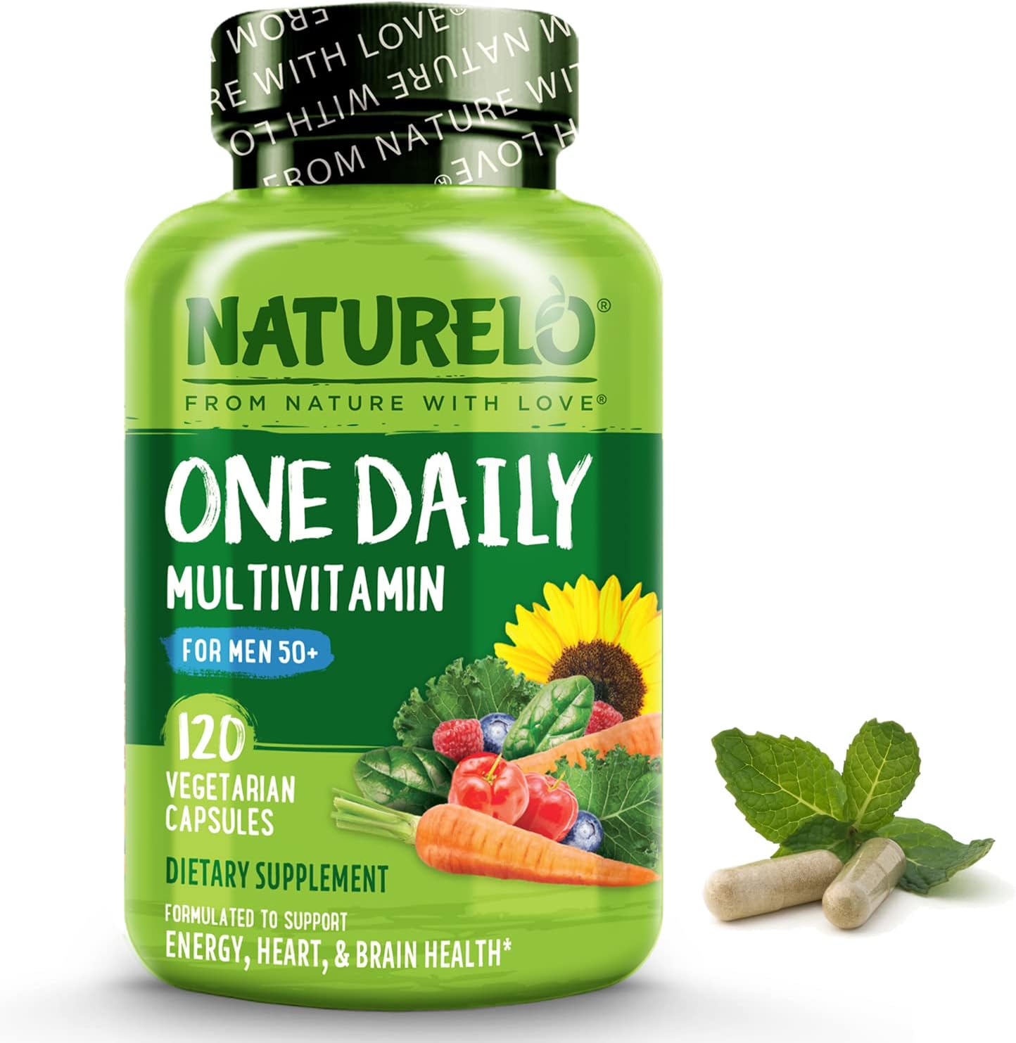 NATURELO Mens Multivitamins for Men 50+ - One Daily Multivitamin for Men with Vitamins, Minerals & Organic Whole Foods, Boost Energy & Health, Non-GMO, 120 Vegetarian Capsules