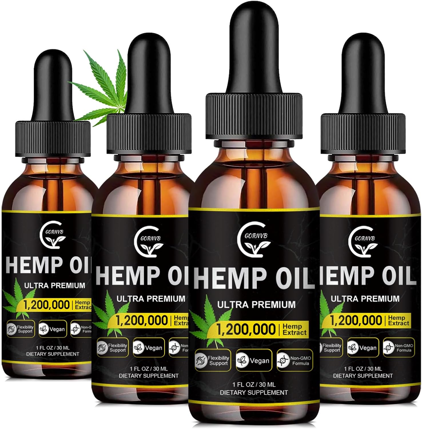 (4-Pack) High Potency Hemp Oil - Maximum Strength, Immune System Support, Focus Calm, Relaxation, Mood, Pure Extract, Organic, Vegan, Non-GMO