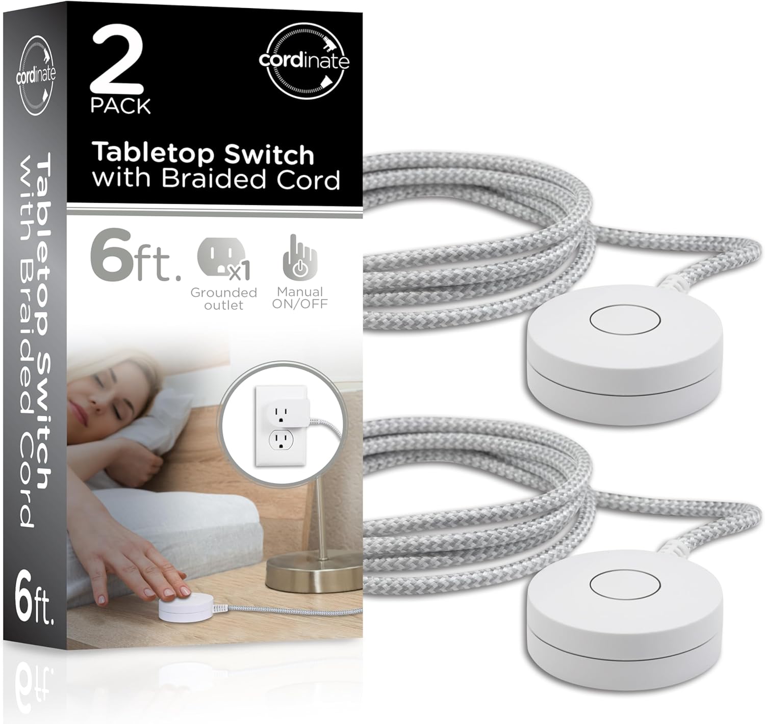 Cordinate Designer On/Off Switch Plug, 6 Ft Braided Power Cord, 3 Prong, Slip Resistant Base, Tabletop or Wall Mount, Perfect for Lamps/Seasonal Lights, Black, 48728, 1 Pack