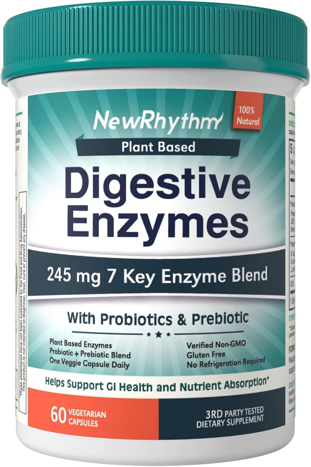 NewRhythm Digestive Enzymes 245 mg, with Probiotics and Prebiotics, Plant Based, 7 Key Enzymes, Digestion, Nutrient Absorption, Protease Amylase & Lipase, 60 Vegan Capsules
