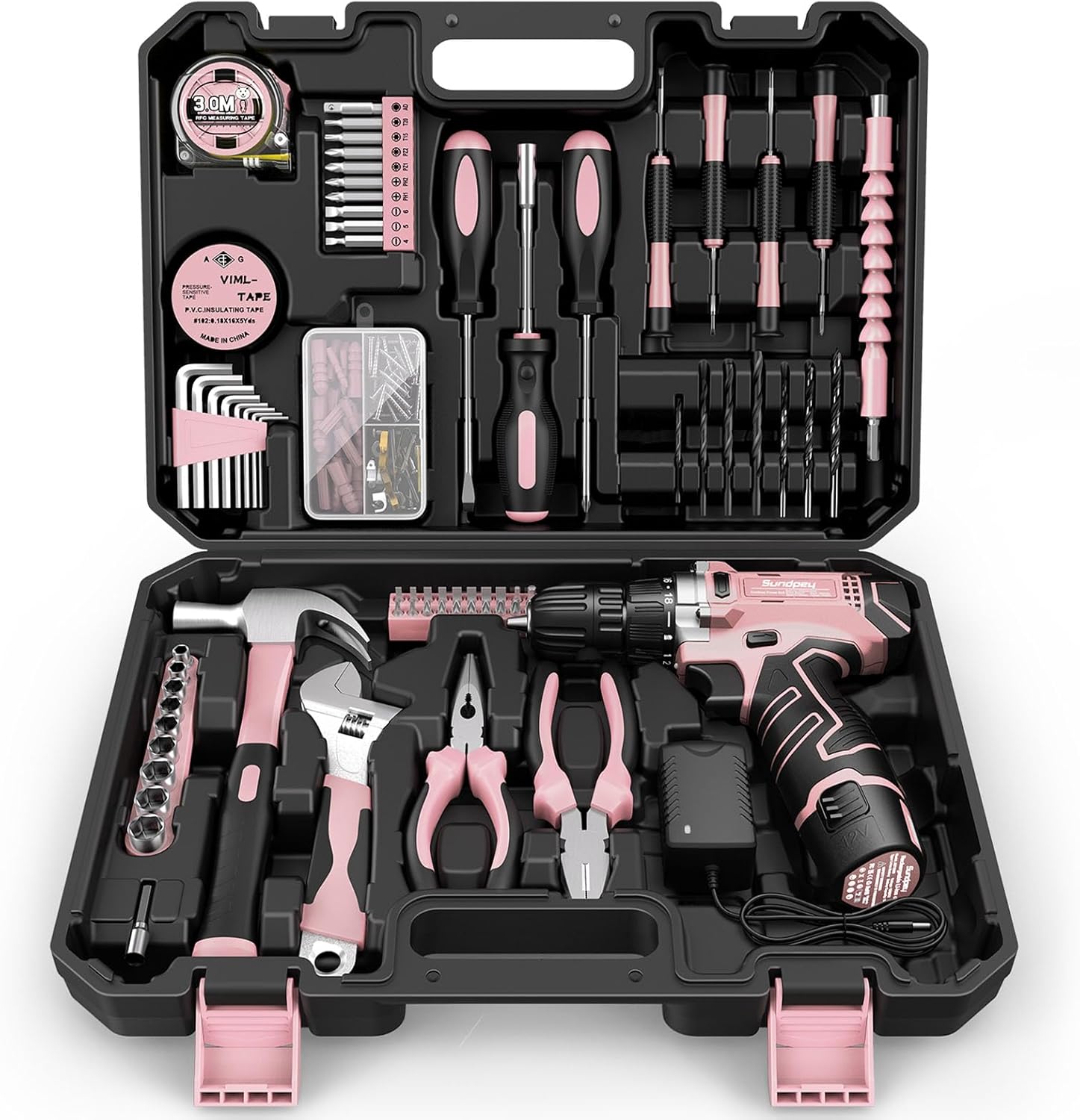 Sundpey Tool Kit with 12V Drill - Cordless Power Drill Tool Set - Protable General Basic Complete Home and Auto Repair Tools Set - Pink Tool Kit for Women with Wrench & Socket & Screwdriver Kit