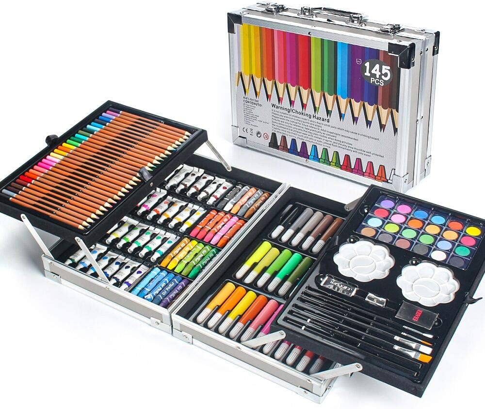 MIAOKE 145 Piece Art Set, Deluxe Mega Aluminum Box & Drawing Kit with Colored Pencils, Markers, Watercolor Paints, Crayons, HB Pencils, Watercolor Cake, Brush, 18-Sheet Sketch pad