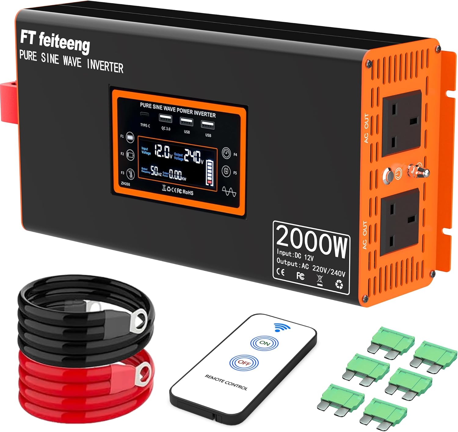 2000W/4000W Power Inverter 12V to 240V AC Pure Sine Wave Inverter,Car Inverter DC 12v to AC 240V UK with AC Sockets Dual Car Adapter With LED Display Suitable for Travel, RV, Camping