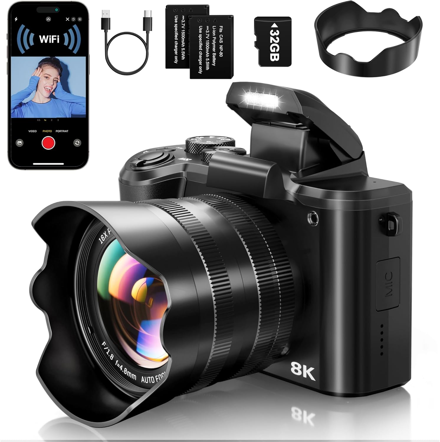 8K Digital Cameras for Photography - Autofocus 88MP WiFi Vlogging Camera for YouTube with Dual-Lens - 16X Digital Zoom Vlog Camera with Lens Hood, Flash, Touch Screen, 2 Batteries, 32GB TF Card