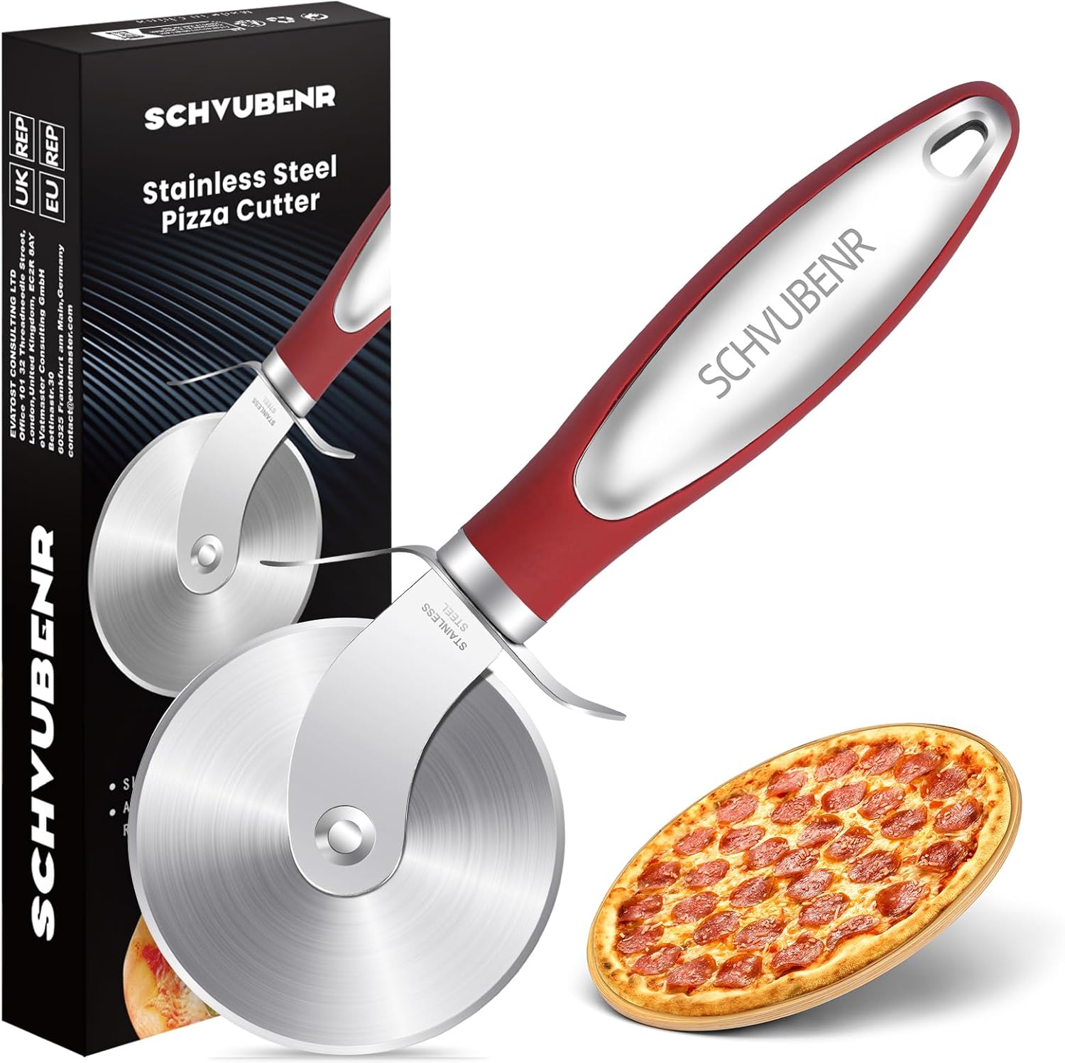 SCHVUBENR Premium Pizza Cutter Wheel - Stainless Steel Sharp Pizza Slicer - Easy to Cut & Clean - Dishwasher Safe - Handle Large & Small Pizza - Red