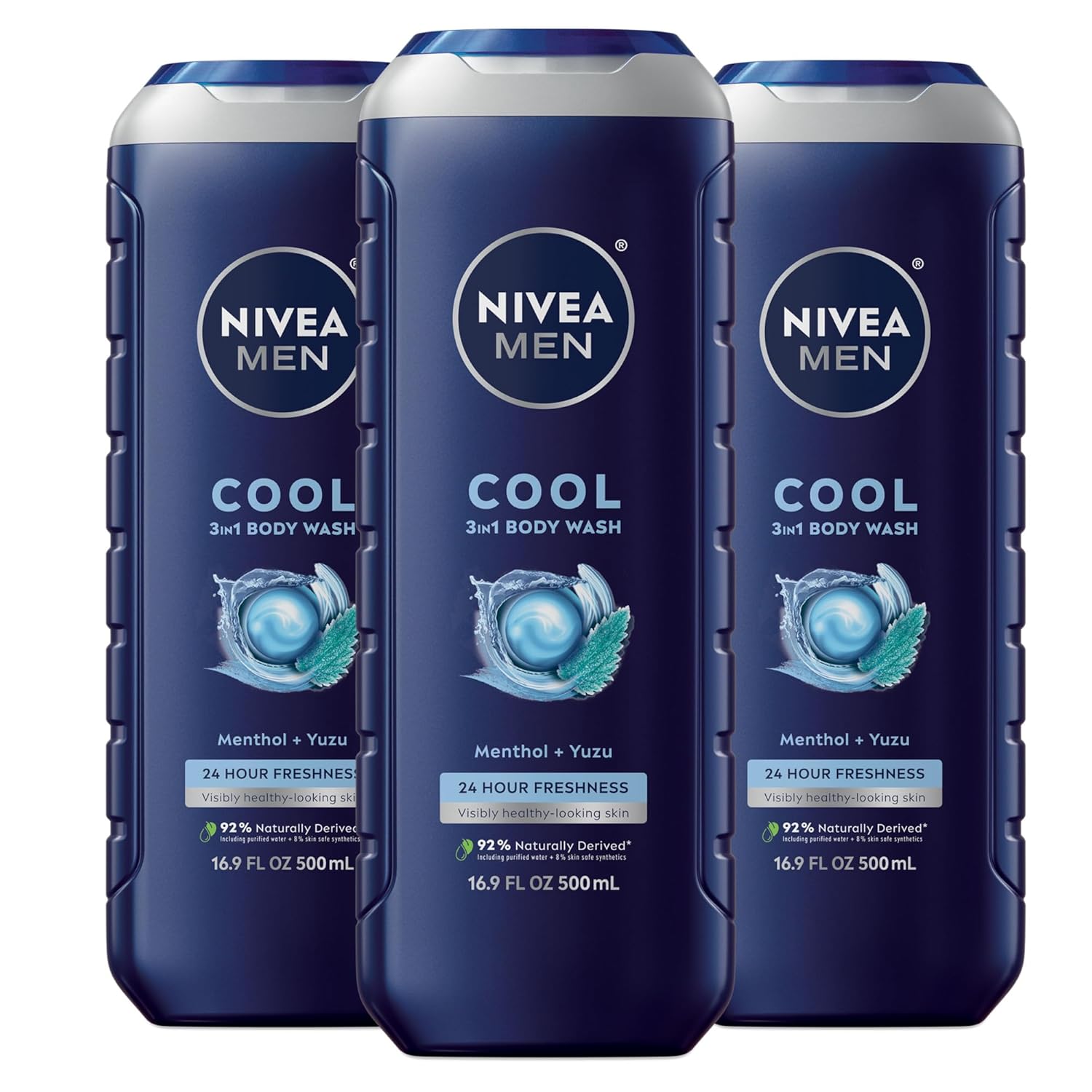 NIVEA MEN Cool Body Wash, Icy Menthol and Yuzu Scent, 3-in-1 Men's Body Wash, Face and Hair, Paraben Free, pH-Skin Friendly, 16.9 Fl Oz Bottle, Pack of 3