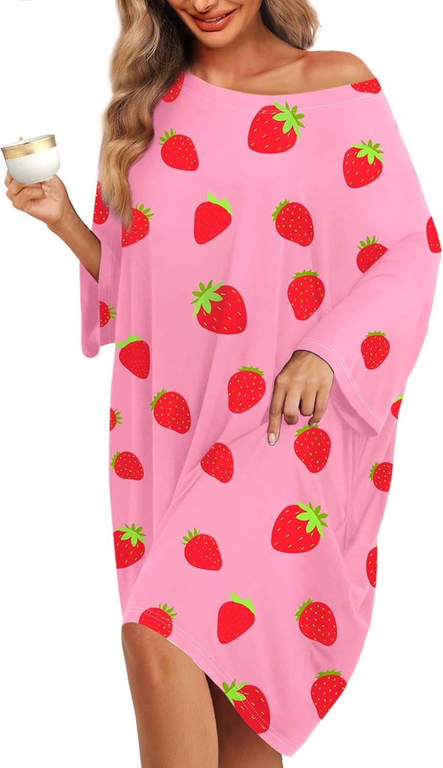 KFUBUO Plus Size Nightgowns for Women Oversized Sleep Tshirts Dress Short Sleeves Sleepwear With Pocket Fit S-5XL