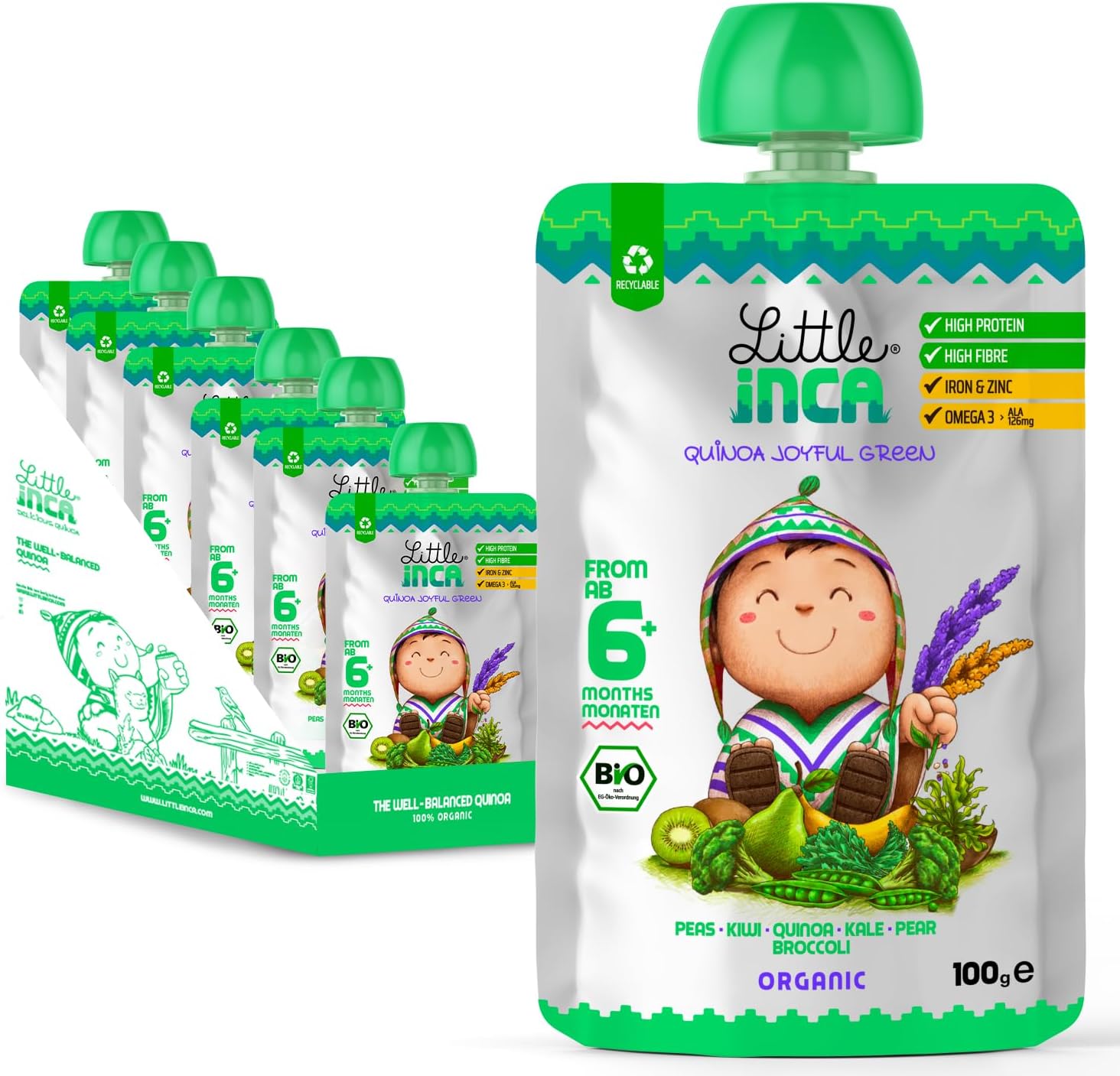 Little Inca Organic Baby Food Pouches The Joyful Green (6x100g) | Quinoa-based Dairy-Free Baby Pouch | 6 Months+ | Recyclable Plant-Based Veg & Fruit Pouches | Supports Gut/Cognitive Health