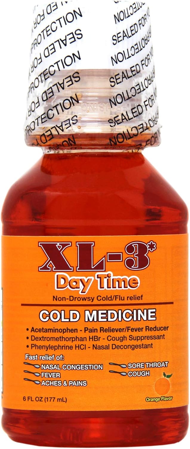 XL-3 Day Time, Non-Drowsy, Temporary Relieves Cold and Flu Symptoms, Orange Flavor, 6 FL Oz, Bottle.