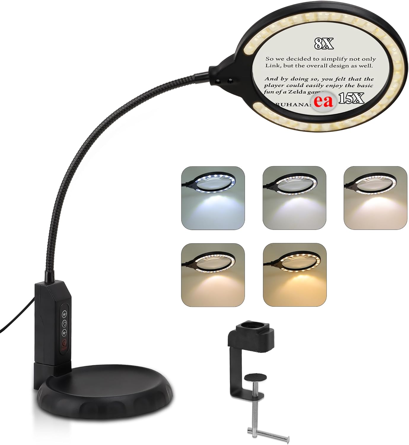 Magnifying Glass with Light and Stand, 15X & 8X Magnifying Lamp with Clamp, 5 Color Lighting Modes Stepless Dimmable LED Desk Lamp Hands Free for Crafts Hobby Reading Painting Sewing Close Work