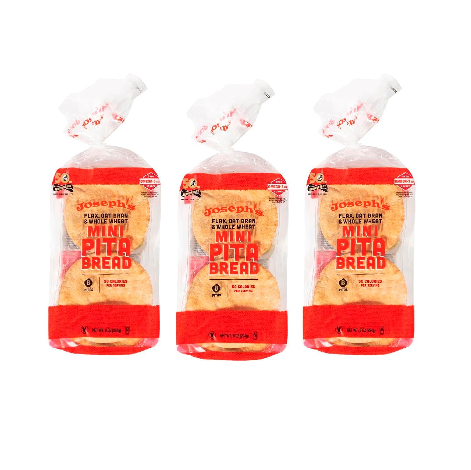 Joseph's Low Carb Mini Pita Bread 3-Pack, Flax Oat Bran and Whole Wheat, 5g Net Carbs per Serving, Fresh Baked (8 per Pack, 24 Mini Pitas Total)