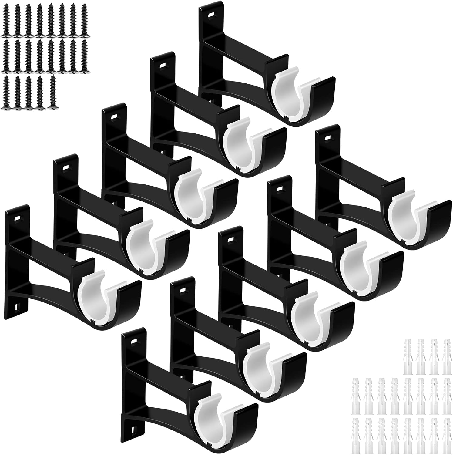10 Pack Heavy Duty Black Curtain Rod Brackets, Single Hooks, 1 Inch Rod Holders, Wall Mount, Iron & Aluminum Alloy Frame