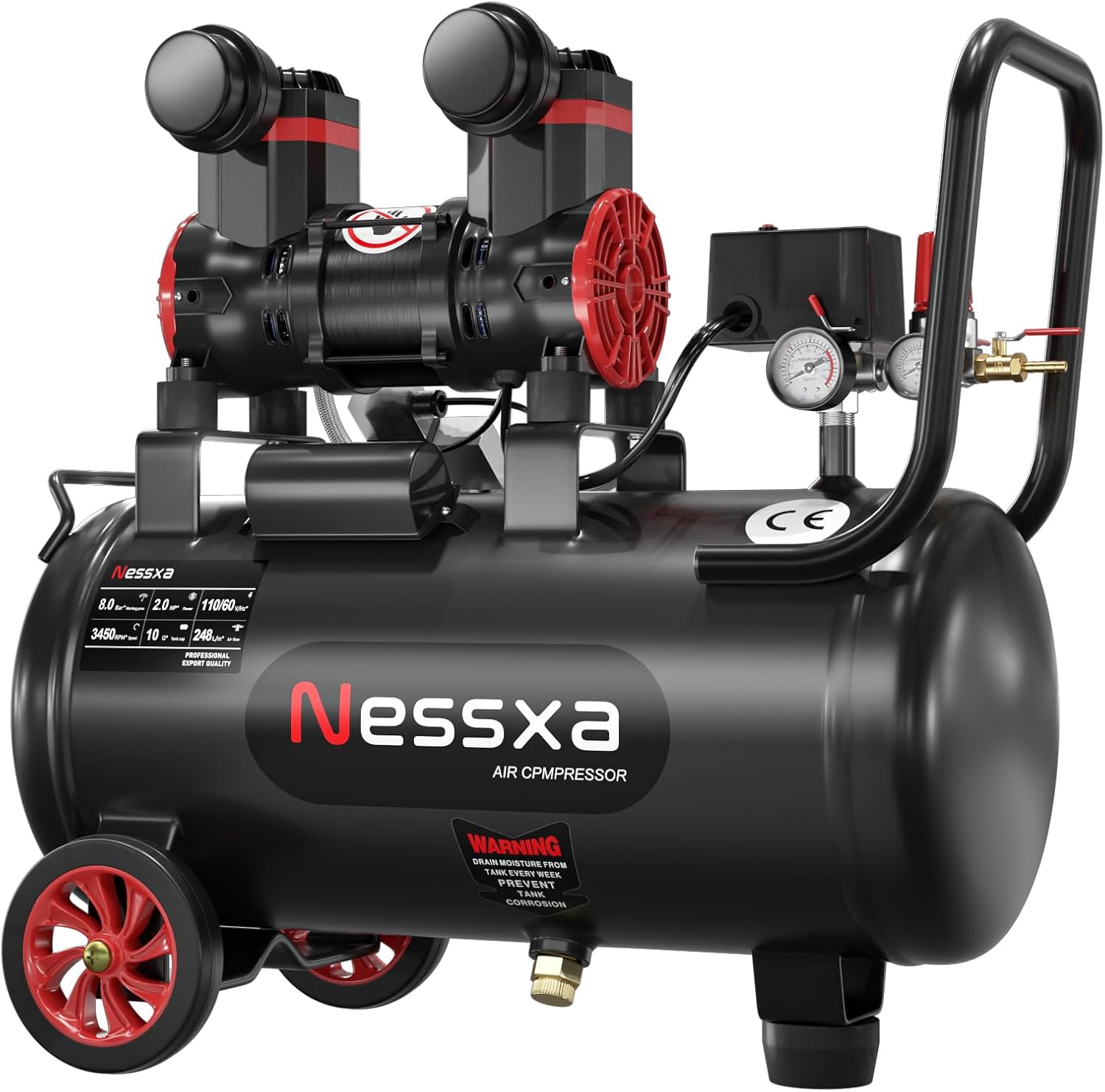 10 Gallon Portable Air Compressor, 2HP 8.76 CFM@115PSI 70dB Oil-Free Ultra Quiet Air Compressor for Car Repair, Spray Painting, Woodwork Nailin, 110V/60hz