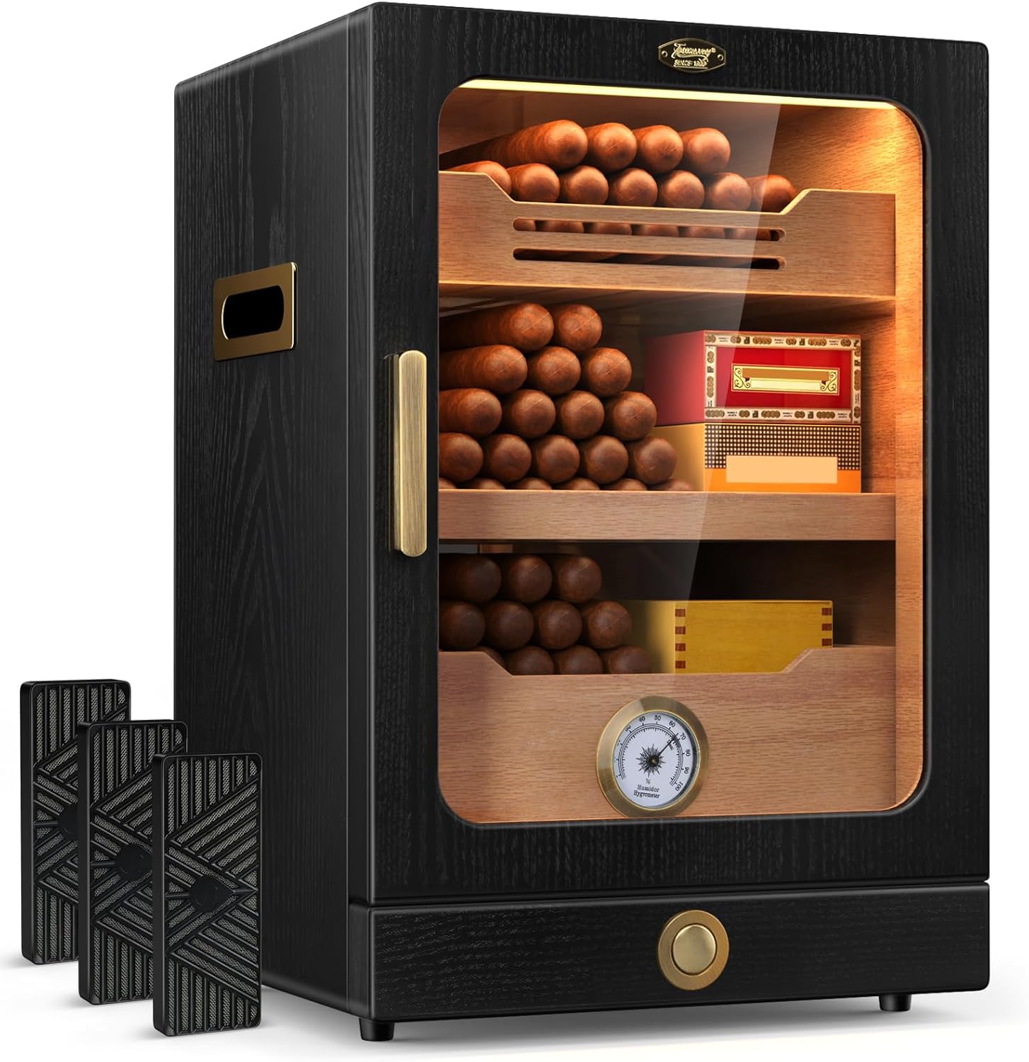 Cigar Humidor, Desktop Cigar Humidor Cabinet Light Control System with Spanish Cedar Wood Shelves, Hygrometer, 3 Humidifiers and Cigar Accessories Drawer, Father's Day Gift for Men (Black)