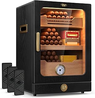 Cigar Humidor, Desktop Cigar Humidor Cabinet Light Control System with Spanish Cedar Wood Shelves, Hygrometer, 3 Humidifiers and Cigar Accessories Drawer, Father's Day Gift for Men (Black)