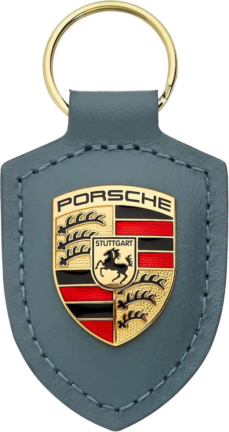 Porsche Leather Key Chain in Shore Blue, With Crest