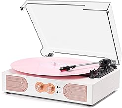 Vinyl Record Player with Built-in Speakers 3-Speed Vintage Record Player Support Treble& Bass Control, 3.5mm Headphone Jack, RCA-Out/Aux in, Belt-Driven LP Turntable,White Rose Gold