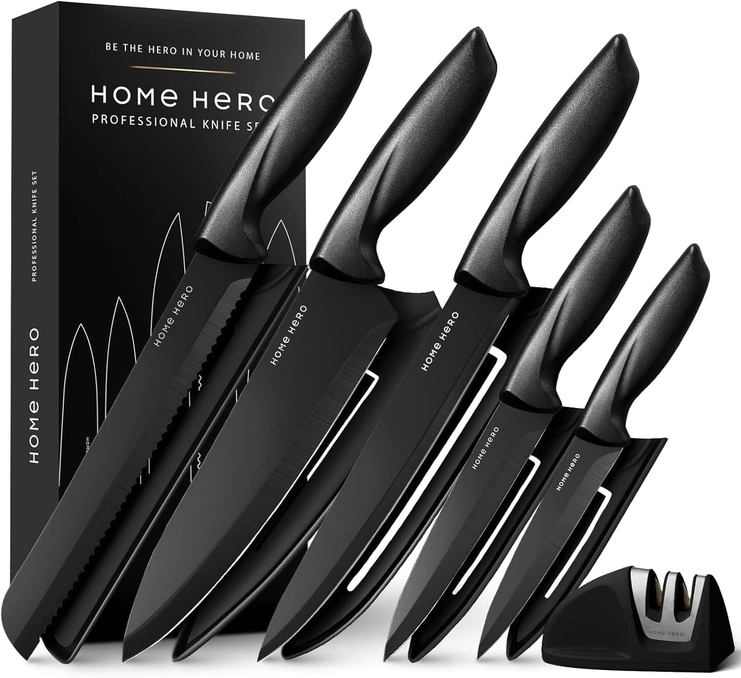 Home Hero Ultra-Sharp Stainless Steel Kitchen Knife Set - Chef Knives Set (11 pcs Set - Black with Sheath)