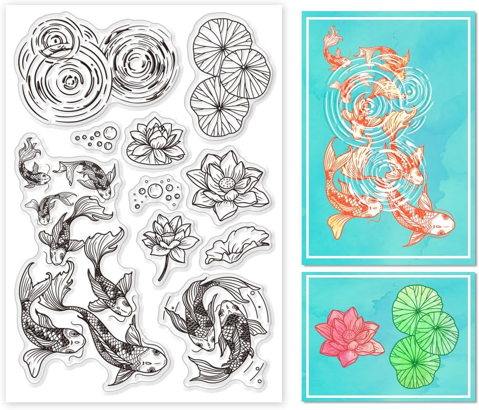 GLOBLELAND Lotus and Koi Fish Clear Stamps for Cards Making Pond Scenery Silicone Stamp Seals Transparent Stamps for DIY Scrapbooking Photo Album Journal Home Decoration