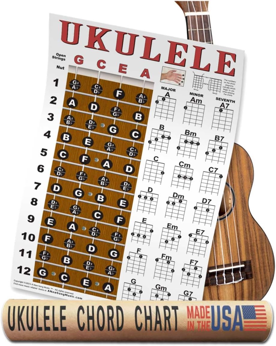 Ukulele Fretboard Notes & Chord Chart Instructional Poster GCEA Tuning Easy Uke Chords Soprano Concert Tenor A New Song Music 11"x17"