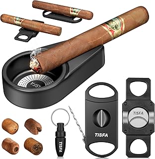 TISFA Cigar Ashtray Set, Portable Ashtray for Outdoor, Cigar Punch, Cigar V Cutter with Cigar Draw Enhancer and Cigar Holder, Cigar Straight Cutter with Cigar Stand, Cigar Accessories Ashtray Gift Set