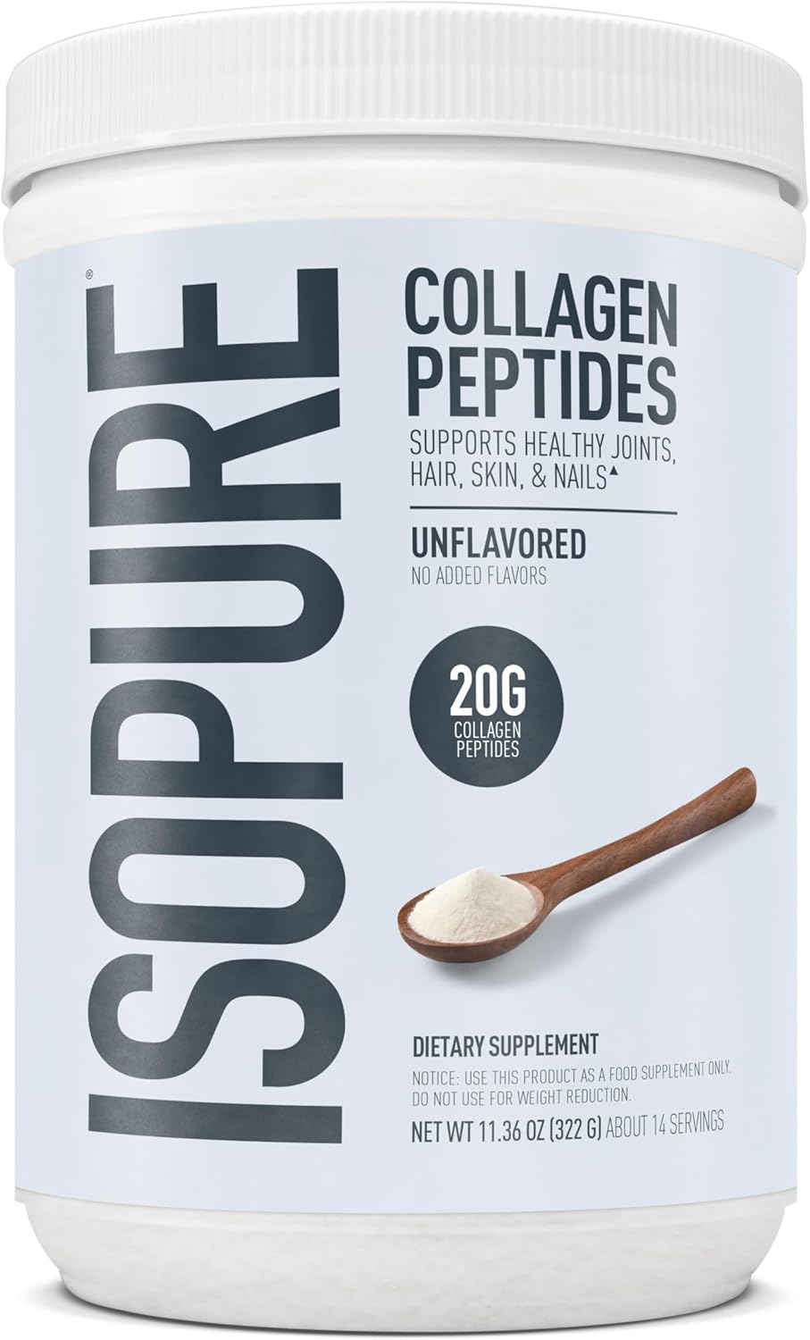 Isopure Collagen Peptides Powder, Promotes Hair, Nail, Skin and Joint Health, with Vitamin C and Biotin, Unflavored, 20g Collagen Peptides Per Serving, 11.36 Oz, 14 Servings (Packaging May Vary)