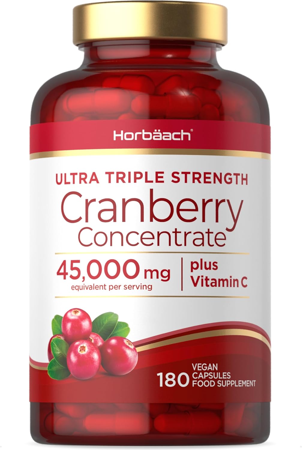 Cranberry Capsules 45,000 mg | High Strength Cranberry Extract with Vitamin C | 180 Vegan Capsules | Supplement for Women & Men | by Horbaach