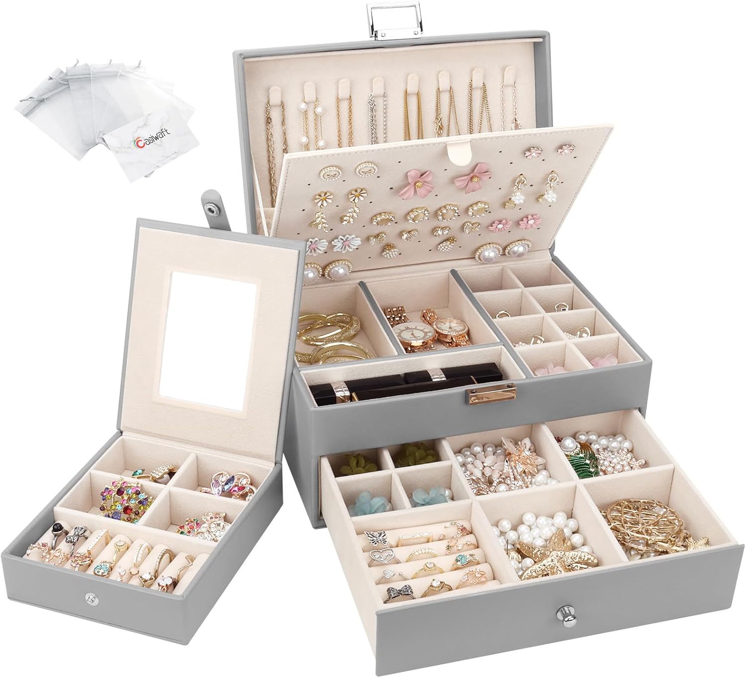 Jewellery Box Organiser 2 Layers, Large PU Leather Jewelry Storage Case with Portable Travel Jewellery Case, Jewellery Organiser Holder for Rings Earrings Bracelets Necklaces, Grey