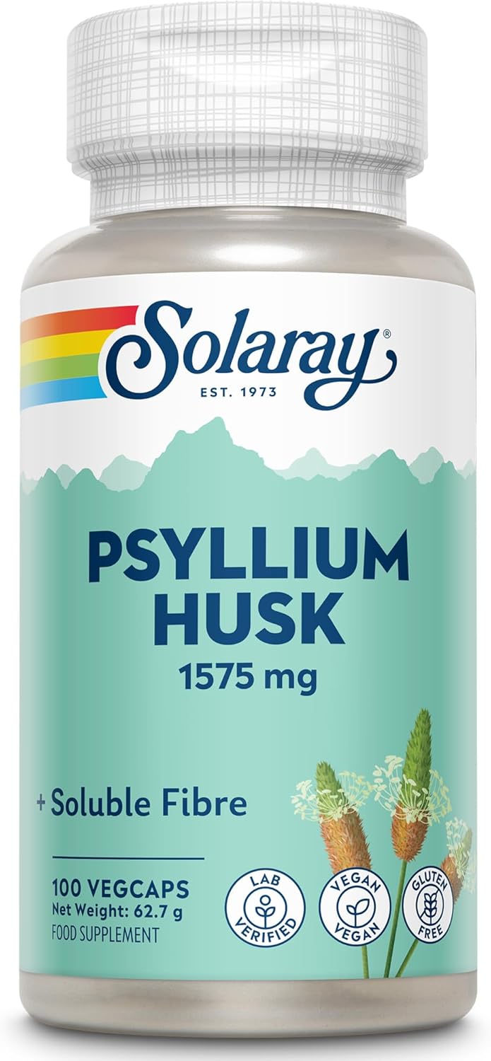 Solaray - Psyllium Husk - 100 Vegan Capsules not Powder - Fibre Supplement - Natural Soluble Fiber from Plantago Ovata - High Strength Physillan Husk - Lab Verified