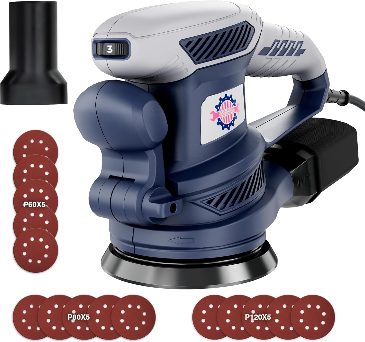 Random Orbital Sander with Brake, 450W 13000 OPM Electric Sander with Dust Collection, 6 Variable Speeds, 15pcs Sandpapers, 125MM Hand Sanders for Woodworking, Sanding, Polishing, DIY