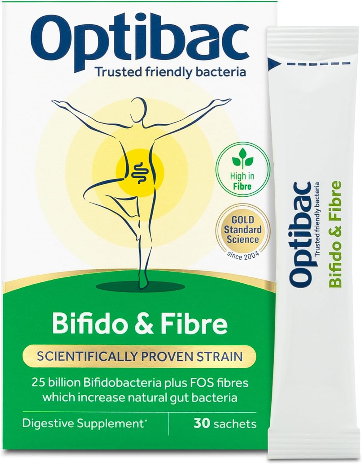 Optibac Probiotics Bifido & Fibre - Vegan Probiotic & FOS Fibre Supplement to Maintain Regularity - 25 Billion Bacterial Cultures - Most Recommended Brand - 30 Sachets