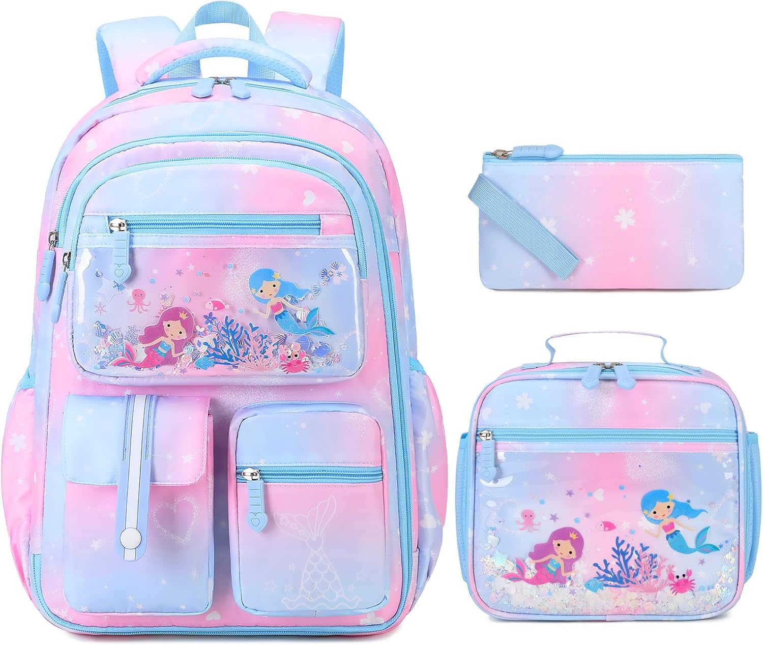 Kids School Backpack for Girls, Bookbag Backpack with Lunch Box & Pencial Pouch Set for Girls Kids Teens Elementary Middle School Student, Girl Backpacks for Schools (Pink Green Mermaids)