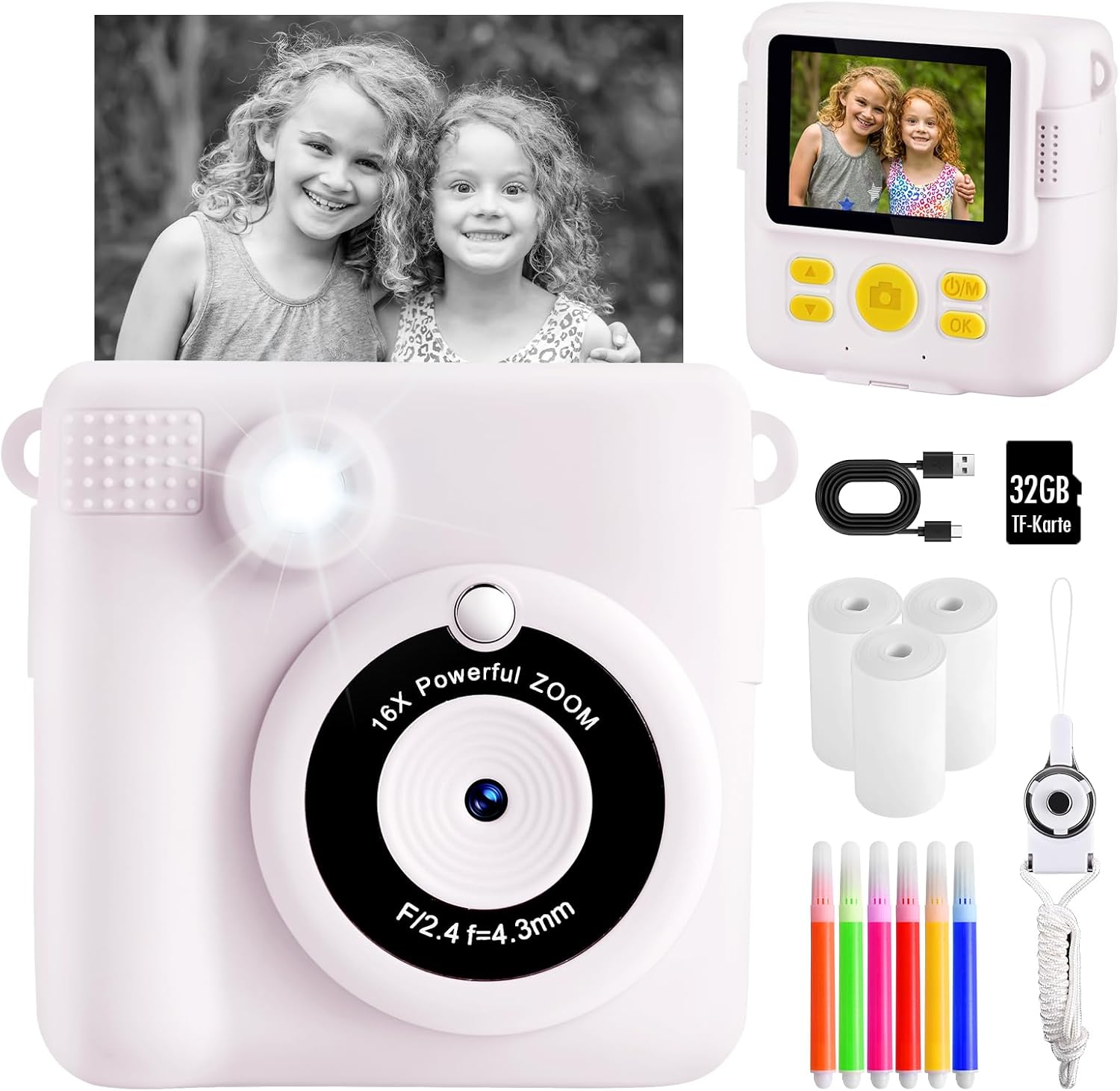 Kids Camera Instant Print, 1080P Instant Camera for Kids with Print Photo Paper &32G TF Card, Christmas Birthday for Age 3 4 5 6 7 8 9 10 Girls Boys Gifts Toddler Children Travel Toys